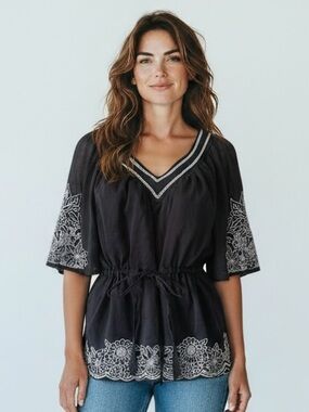 BCBGMaxAzria Black Top with White Embroidery
